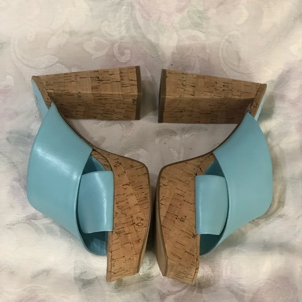 Marc Fisher Farlow Aqua Crisscross Platform High Cork Heel Sandals sz 8.5